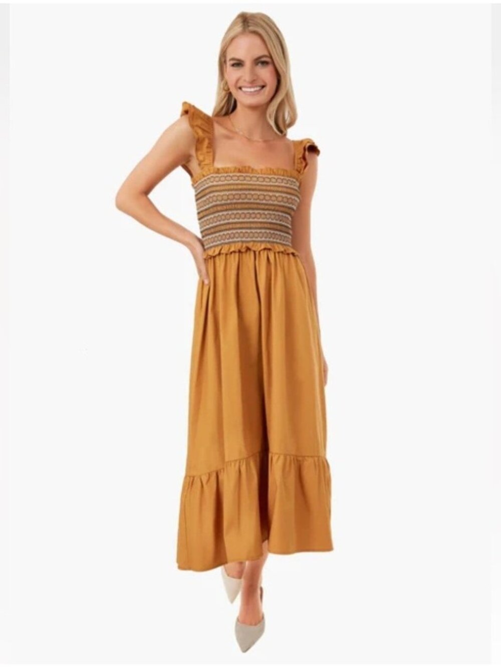 En Saison Marigold Penelope Smocked Midi Dress size S Small 100% Cotton NEW